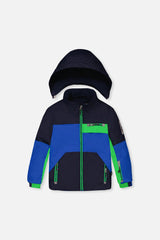 Deux par Deux royal blue and green colorblock PLAY jacket, front view with hood detached