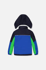 Deux par Deux royal blue and green colorblock PLAY jacket, back view with hood detached