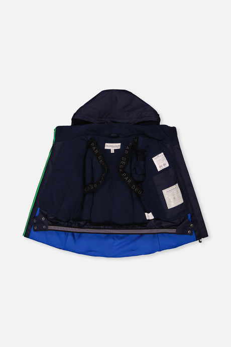 Deux par Deux colorblock PLAY jacket opened to show the navy lining and inner straps