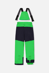 Deux par Deux green PLAY bib snow pants with navy reinforced seat, back view