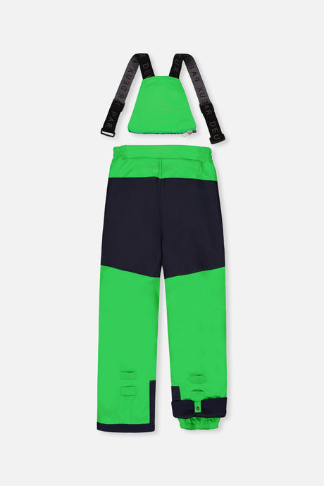 Deux par Deux green PLAY bib snow pants with navy reinforced seat, back view