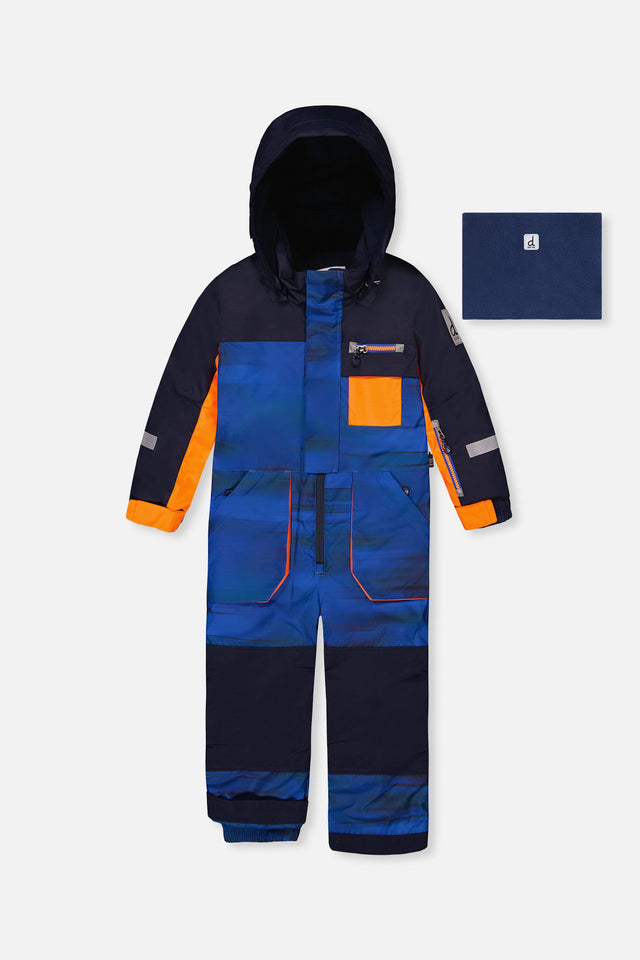 Kids One Piece Play Snowsuit Blue With Black Stripes-0