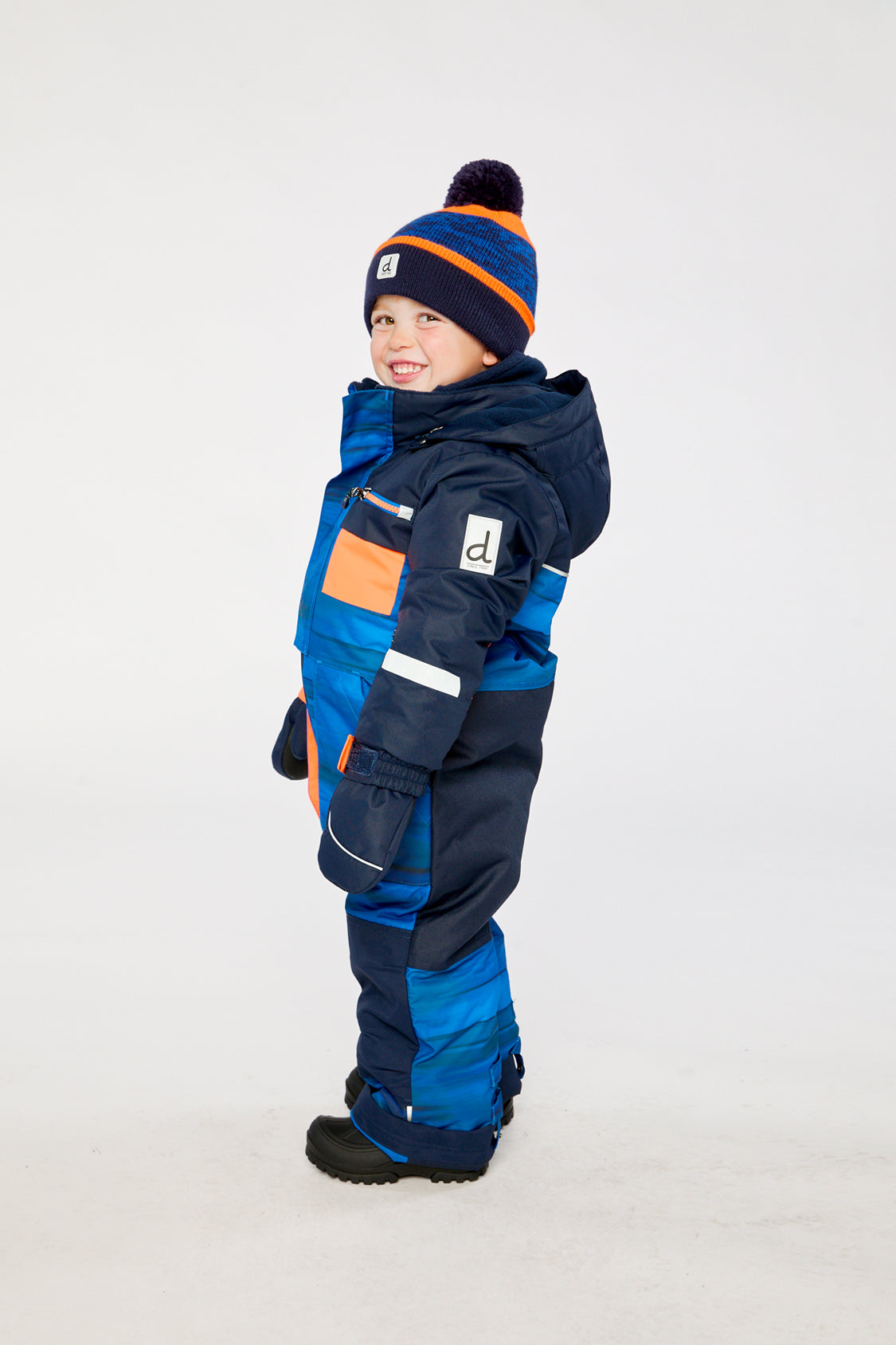 Kids One Piece Play Snowsuit Blue With Black Stripes-4