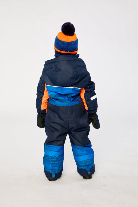Child wearing the striped Deux par Deux snowsuit, lookbook image