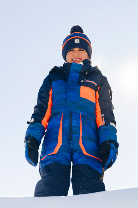 Kids One Piece Play Snowsuit Blue With Black Stripes-1
