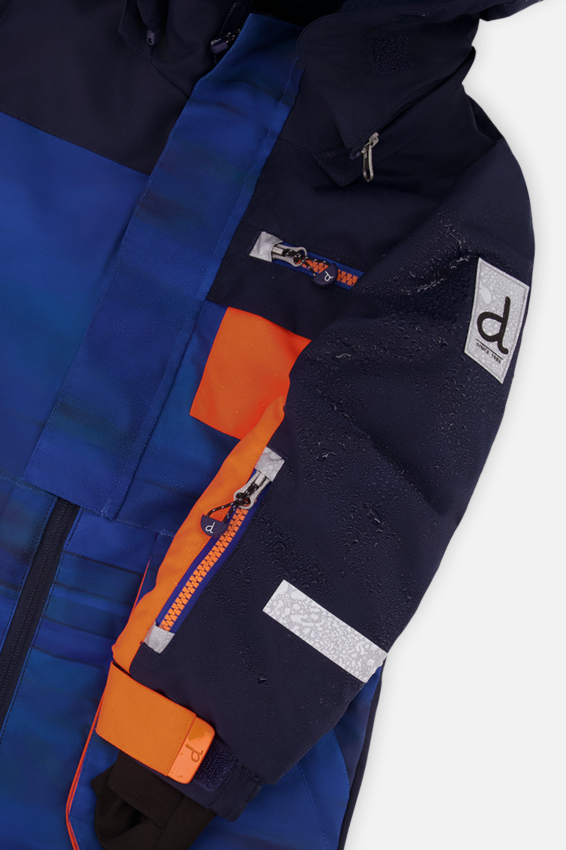 Deux par Deux boys' PLAY one-piece snowsuit, blue with black stripes, additional angle