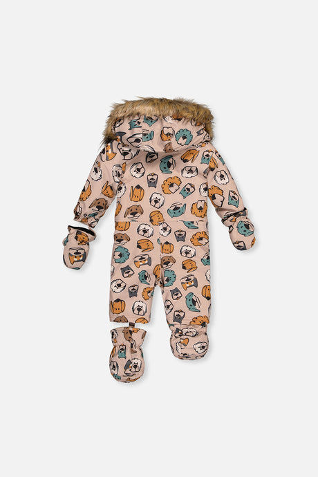 Deux par Deux baby boys' car-seat snowsuit, beige dog print, back view