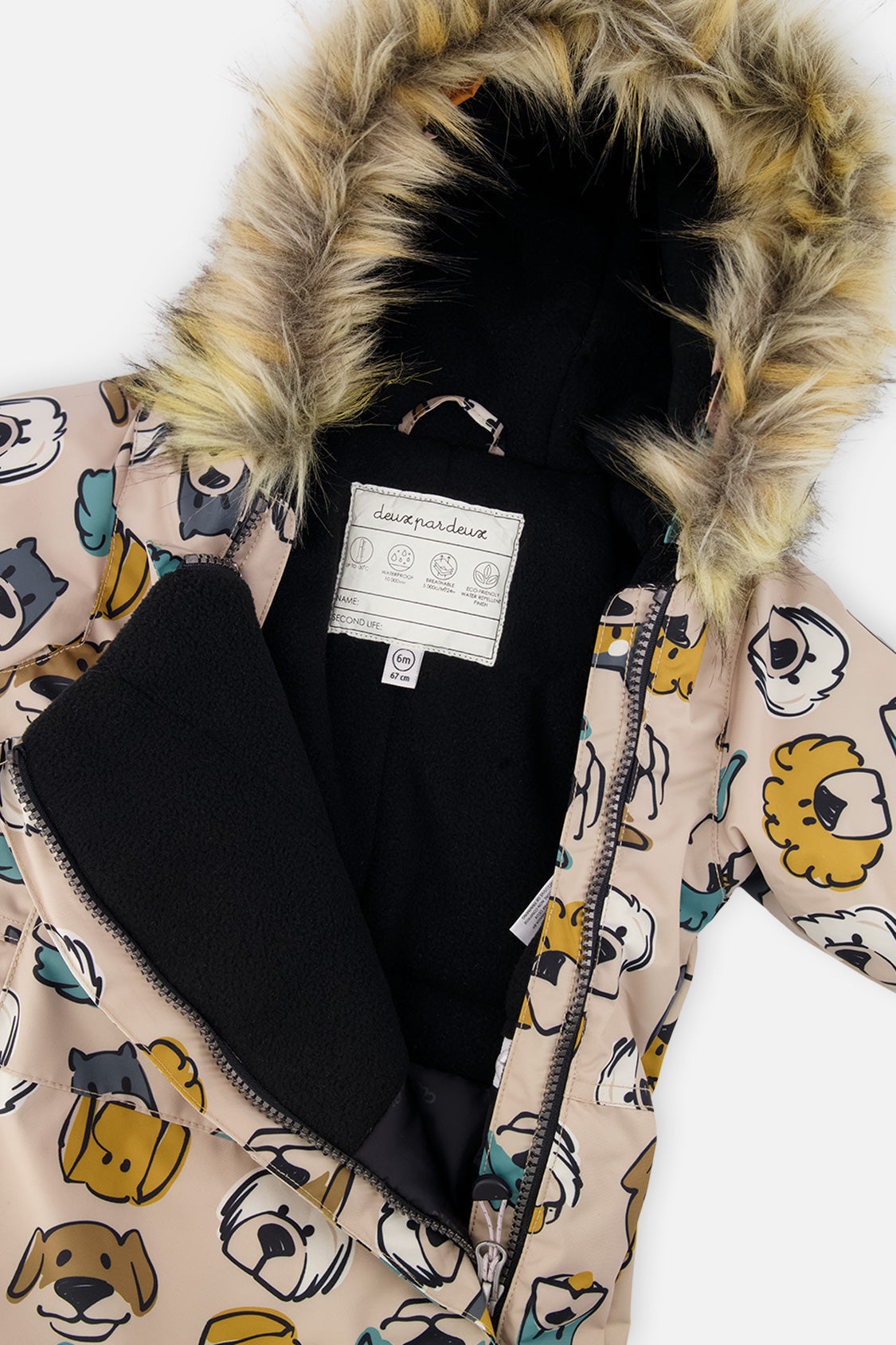 Deux par Deux baby boys' car-seat snowsuit, beige dog print, additional angle