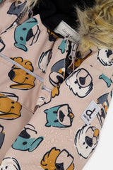 Deux par Deux baby boys' car-seat snowsuit, beige dog print, further studio view