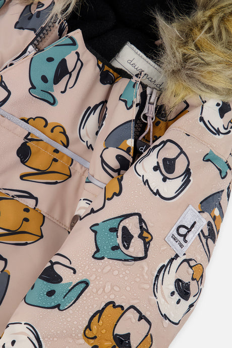 Deux par Deux baby boys' car-seat snowsuit, beige dog print, further studio view