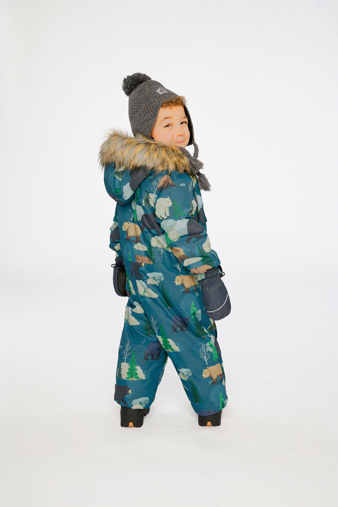 Baby One Piece Snowsuit Adapted For Car Seats Blue Bear Print-3