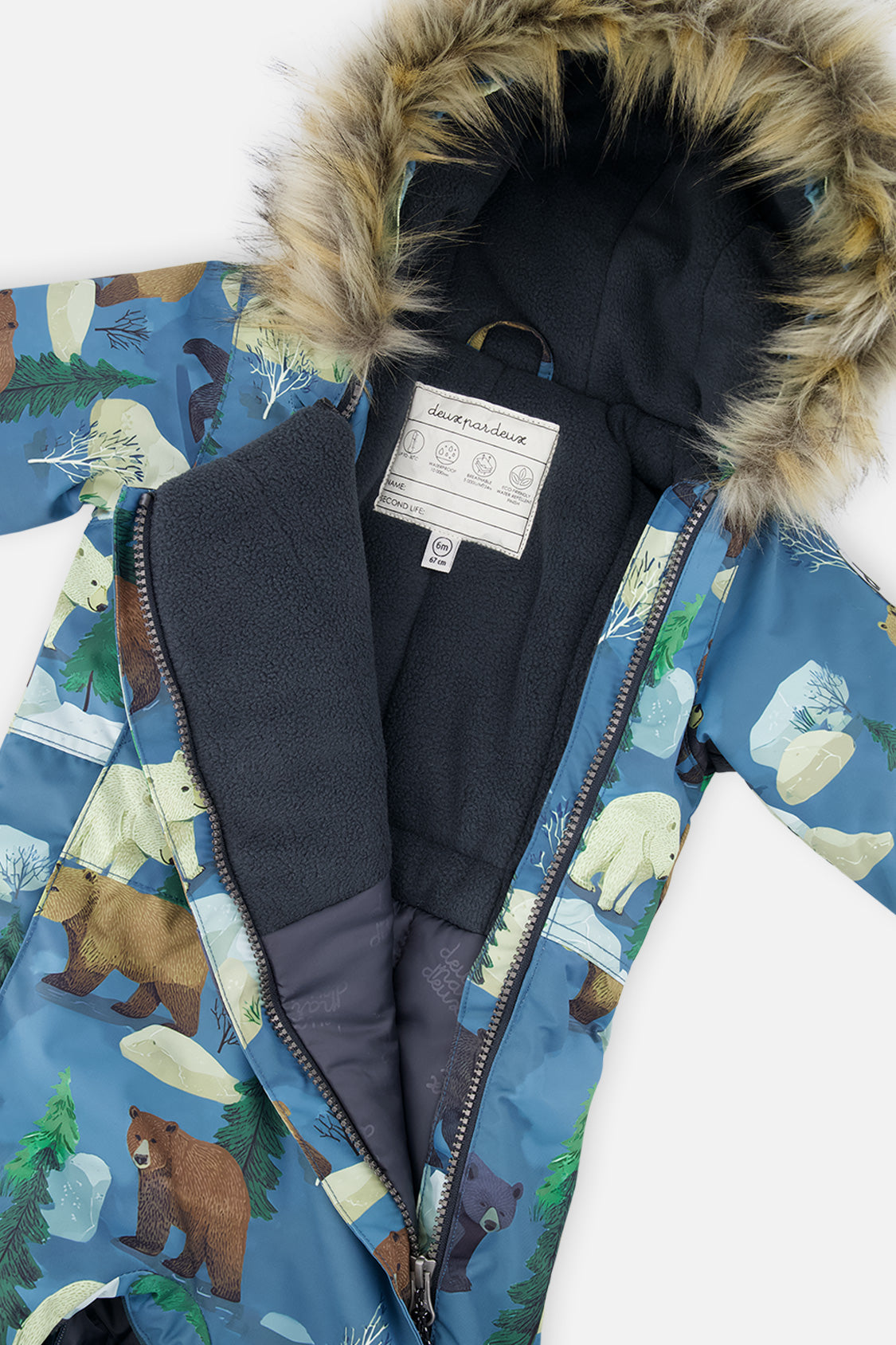 Deux par Deux baby boys' one-piece car-seat snowsuit, blue bear print, additional angle