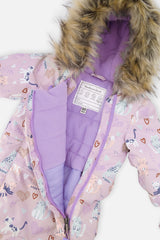 Close-up of the faux-fur trimmed hood and fleece-lined chest of the purple cat print snowsuit