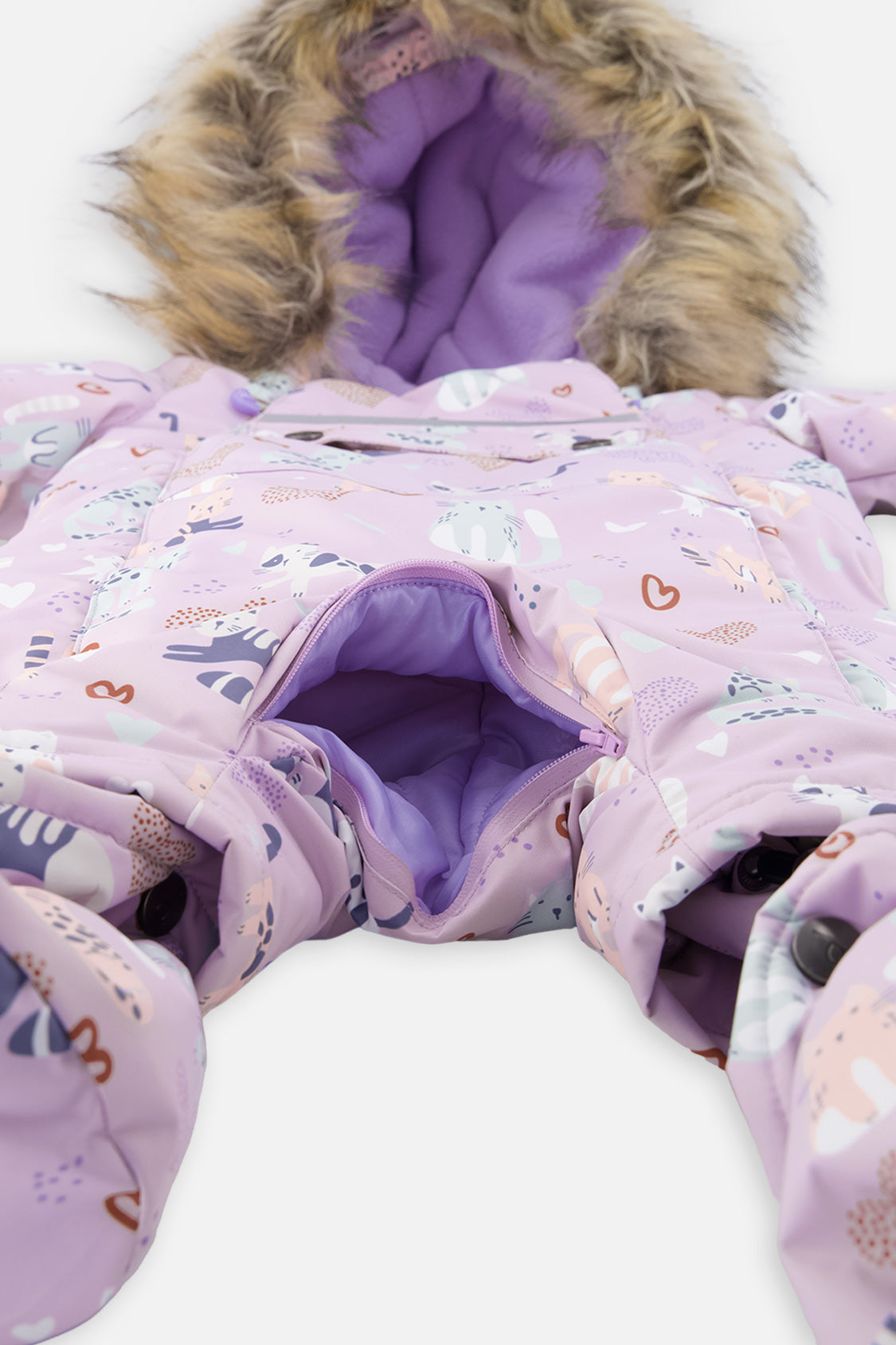 Crotch zipper opened for the car seat buckle on the purple cat print baby snowsuit