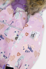 Close-up of the purple cat print fabric with front zipper and Deux par Deux logo