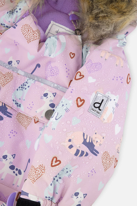 Close-up of the purple cat print fabric with front zipper and Deux par Deux logo