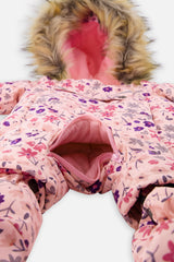 Crotch zipper opened for the car seat buckle on the pink mini flower print baby snowsuit