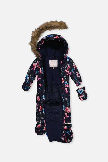 Navy blue floral print baby snowsuit unzipped to show the fleece lining
