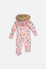 Back of the pink floral print baby one-piece snowsuit with hood, mittens and booties