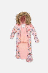 Pink floral print baby snowsuit unzipped to show the fleece lining