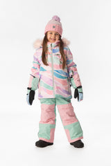 Girl standing in the multicolor line print Deux par Deux PLAY snowsuit, full-length front view