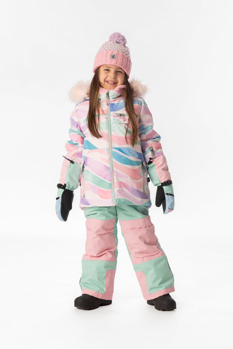 Girl standing in the multicolor line print Deux par Deux PLAY snowsuit, full-length front view