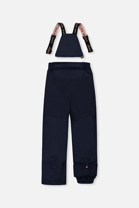 Back of the navy snow pants with suspenders and reinforced seat