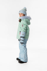 Girl in the mint green and light blue Deux par Deux PLAY snowsuit, side view