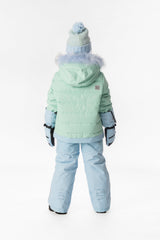 Girl in the mint green and light blue Deux par Deux PLAY snowsuit, back view