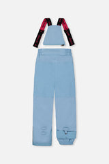 Deux par Deux girls PLAY snowsuit, mint green and light blue – light blue snow pants, back view with suspenders off