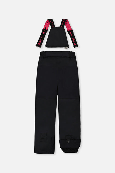 Deux par Deux girls PLAY snowsuit, coral, bright pink and black – black snow pants, back view with suspenders off