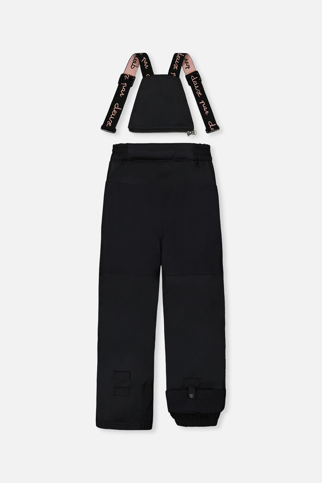 Deux par Deux girls PLAY snowsuit, black with leopard faux fur – black snow pants, back view with suspenders off