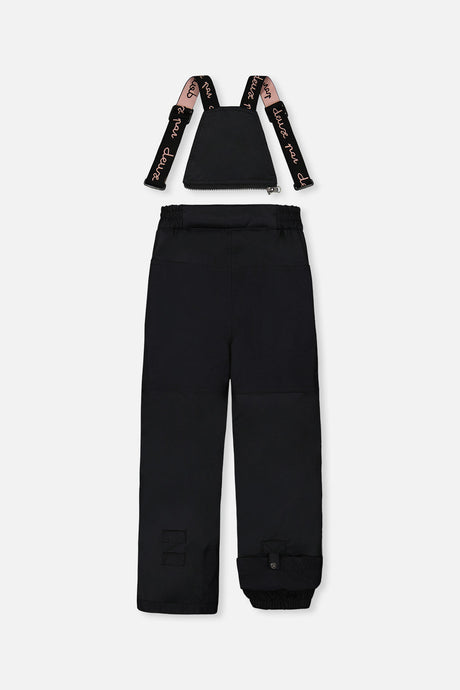 Deux par Deux girls PLAY snowsuit, black with leopard faux fur – black snow pants, back view with suspenders off
