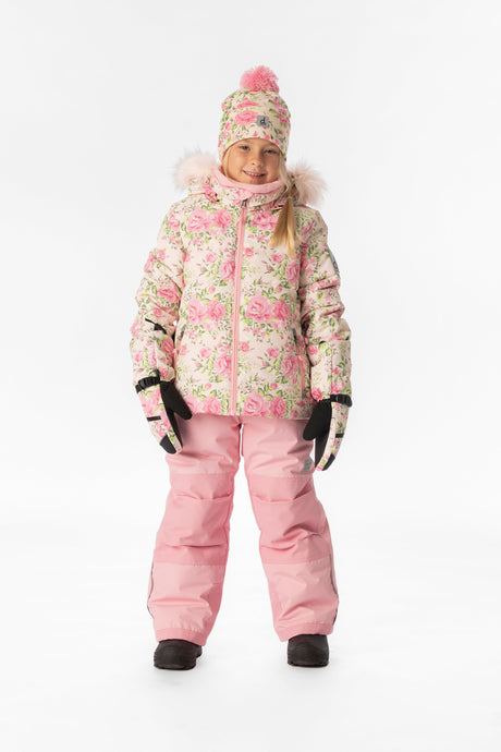 Girl standing in the Deux par Deux PLAY snowsuit with pink mini flower jacket and pink snow pants, front view