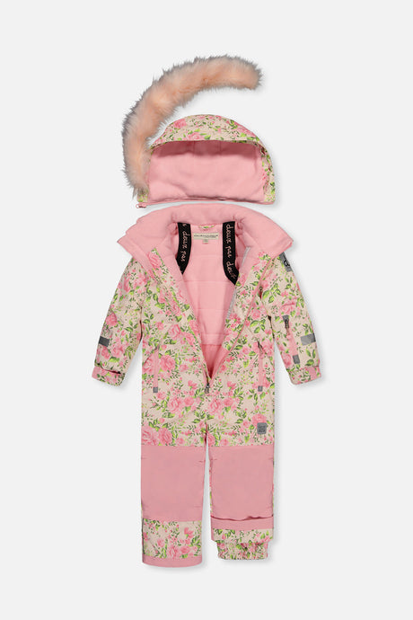 Deux par Deux girls' PLAY one-piece snowsuit in beige vintage rose print – alternate view