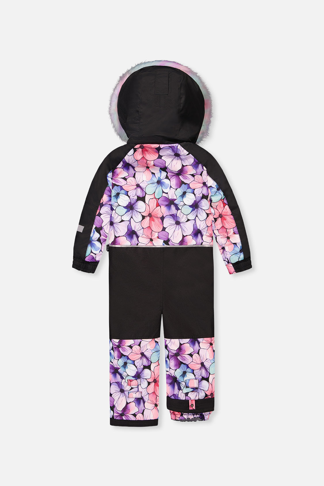 Deux par Deux girls' PLAY one-piece snowsuit, purple floral print, back view