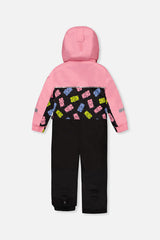 Kids One Piece Play Snowsuit Pink And Black Gummy Bear Print-4