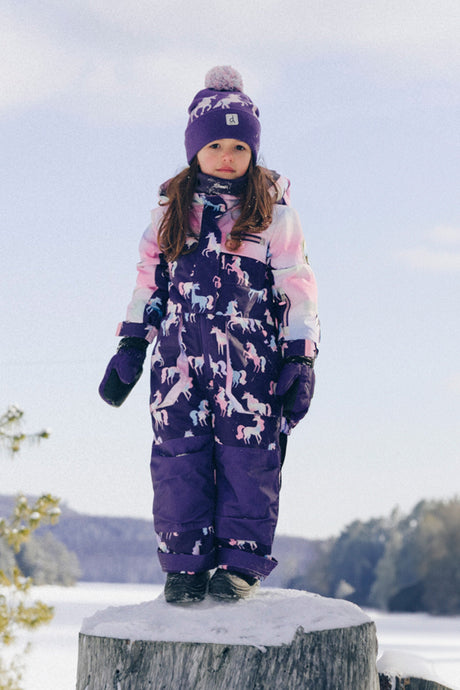 Kids One Piece Play Snowsuit Purple Unicorn Print-1