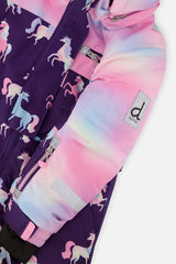 Deux par Deux girls' PLAY one-piece snowsuit, purple unicorn print, additional angle