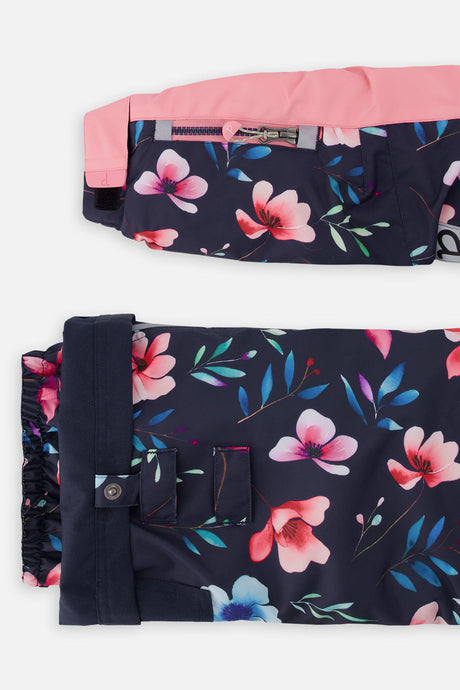 Deux par Deux girls' PLAY snowsuit, pink colorblock and floral print, alternate studio shot