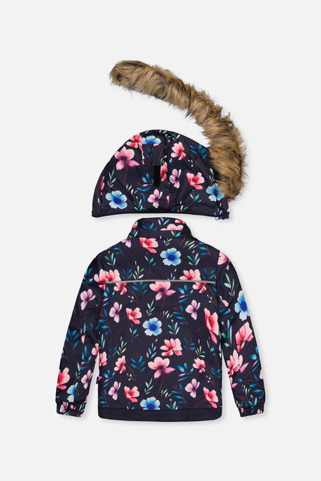 Back view of the navy floral PLAY jacket with the faux-fur hood shown detached