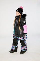 Two Piece Play Snowsuit Black, Blue And Pink Colorblock With Heart Print Pants-4