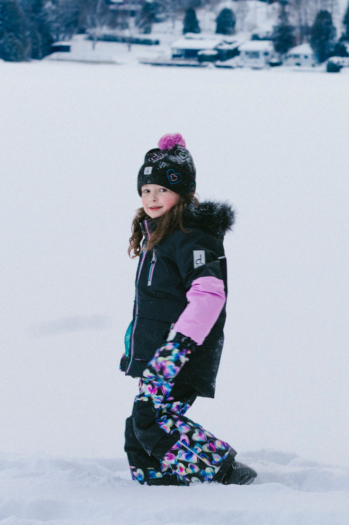 Two Piece Play Snowsuit Black, Blue And Pink Colorblock With Heart Print Pants-1