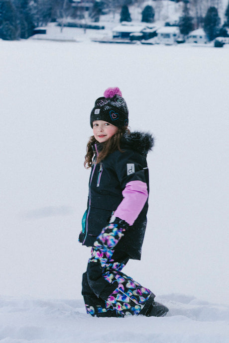 Two Piece Play Snowsuit Black, Blue And Pink Colorblock With Heart Print Pants-1