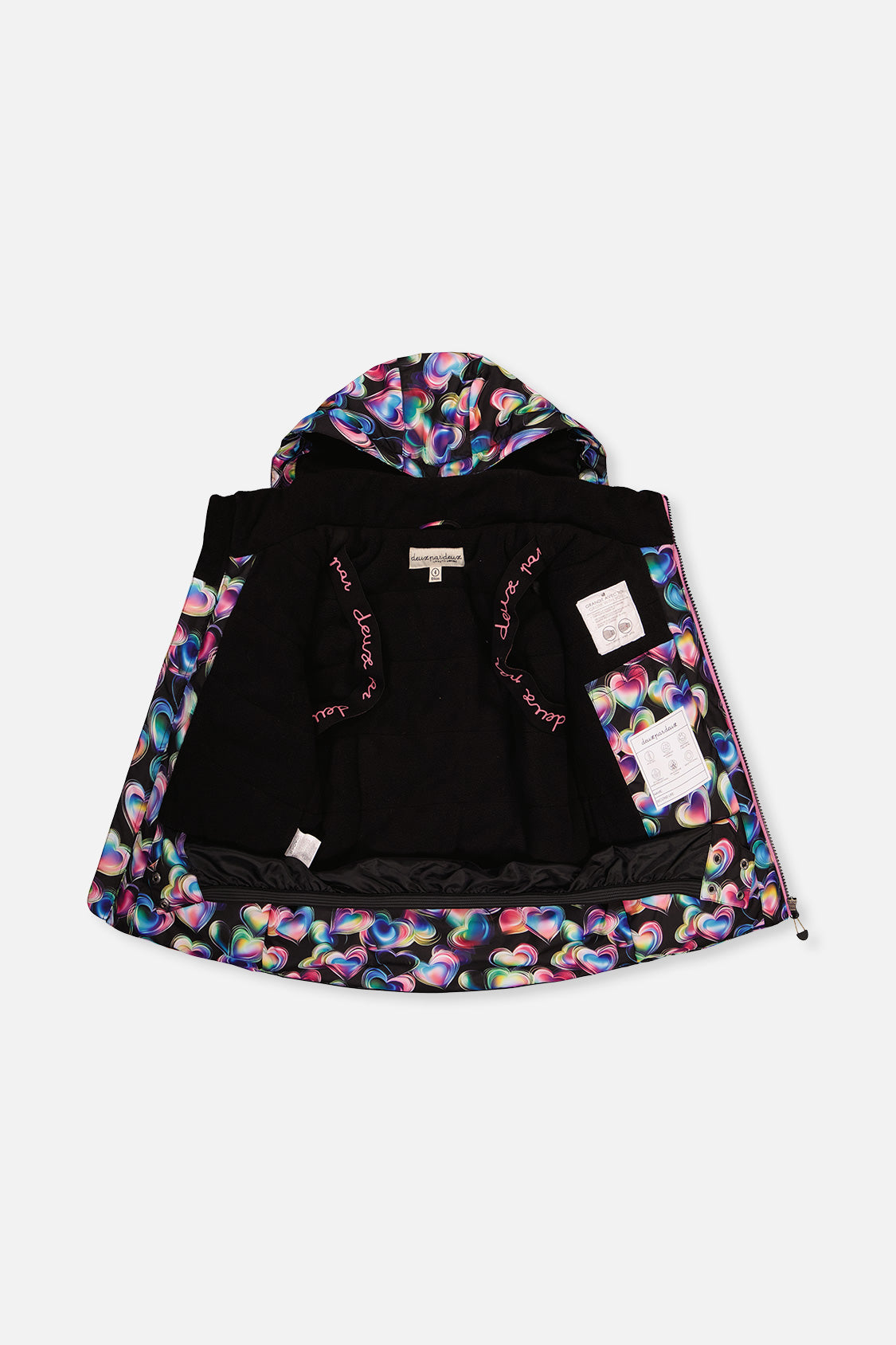 Deux par Deux heart-print PLAY jacket opened to show the black lining and inner straps
