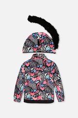Deux par Deux girls' PLAY snowsuit, black zebra-print jacket with pink pants, alternate view