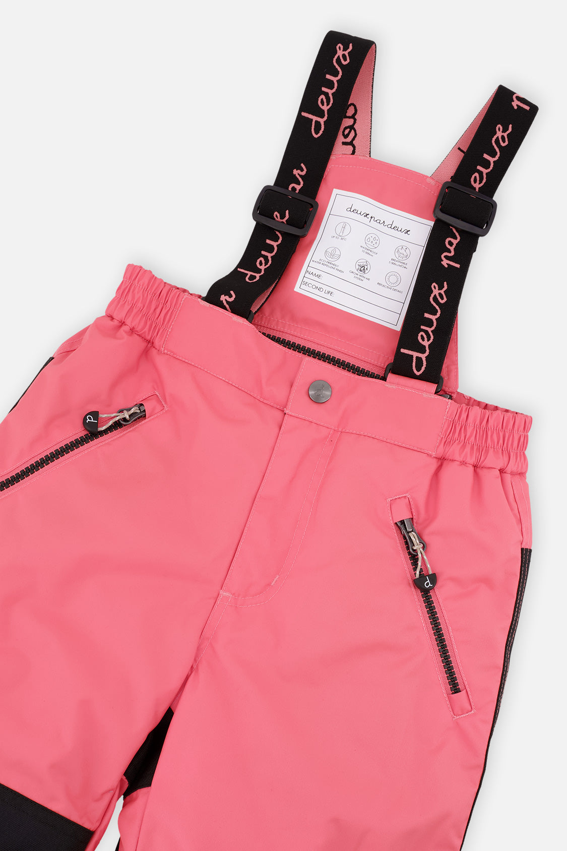 Deux par Deux girls' PLAY snowsuit, black zebra-print jacket with pink pants, further studio view