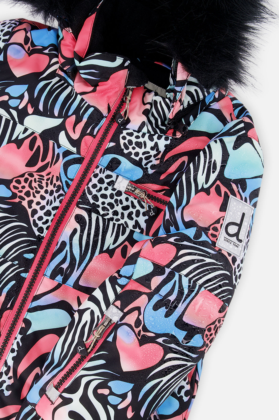 Deux par Deux girls' PLAY snowsuit, black zebra-print jacket with pink pants, additional studio angle