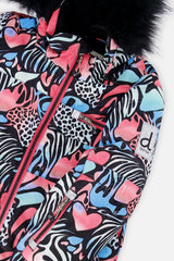 Deux par Deux girls' PLAY snowsuit, black zebra-print jacket with pink pants, additional studio angle