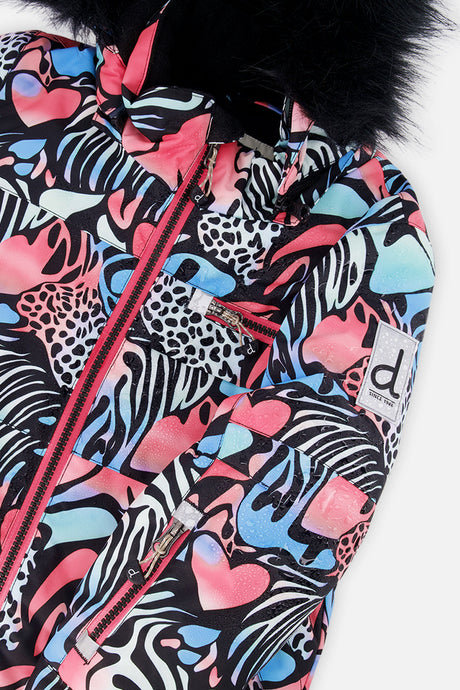 Deux par Deux girls' PLAY snowsuit, black zebra-print jacket with pink pants, additional studio angle